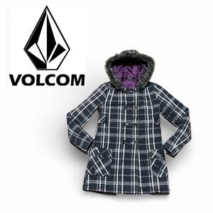 NEW Volcom Fur Trim Hooded Winter Coat in Black/White w/ Purple Lining Size S